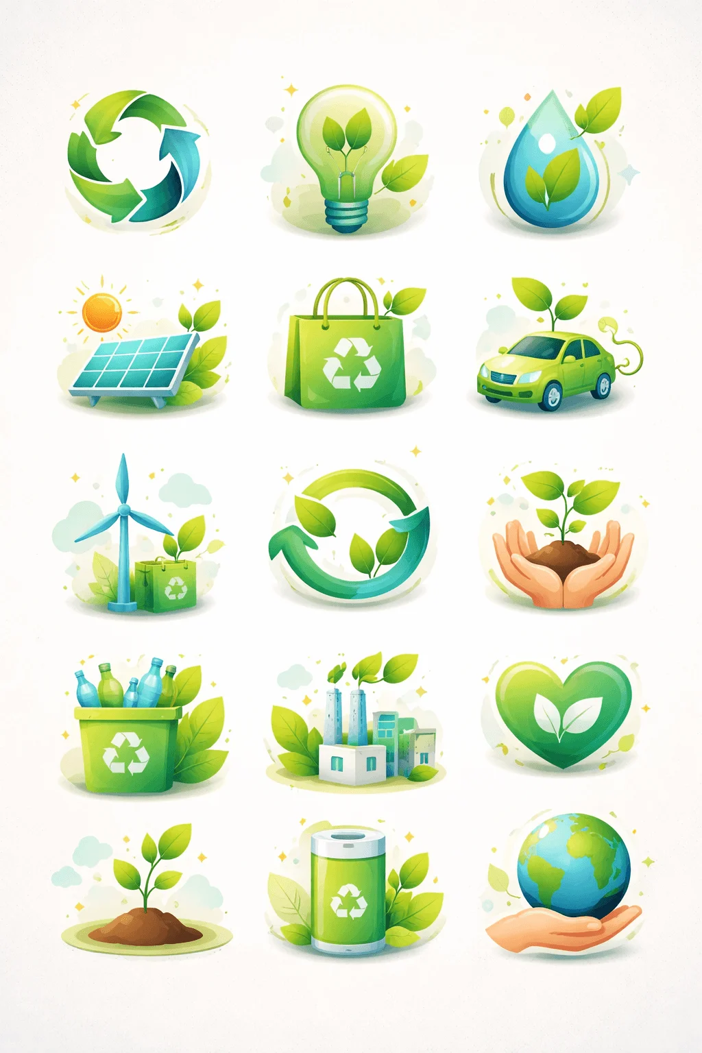 Collection of colorful eco themed icons including recycling symbols light bulb with leaves water droplet solar panel wind turbine electric car plant growth factory and globe representing sustainability and green living