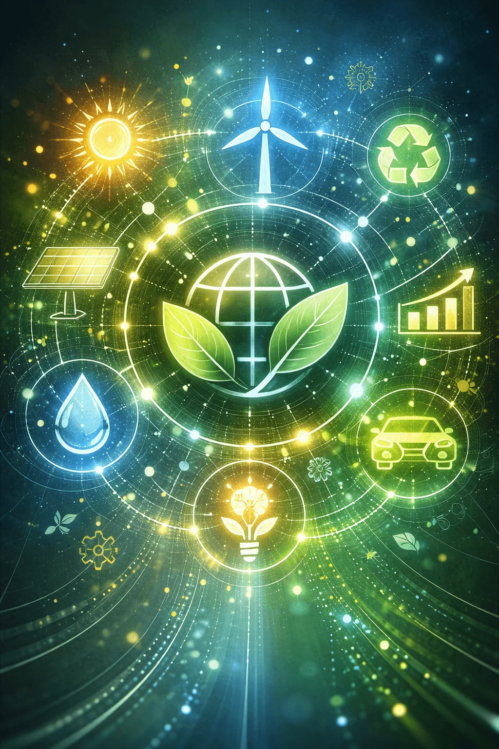 Sustainability concept illustration with interconnected icons representing solar energy wind power recycling water conservation electric mobility and environmental growth surrounding a globe with green leaves symbolizing global sustainability systems.