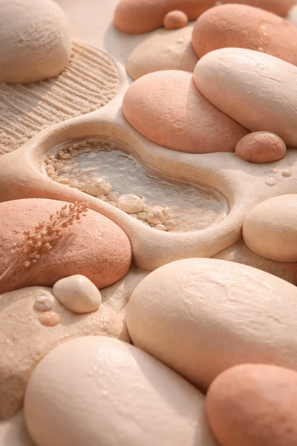 Soft tactile composition of smooth rounded clay like forms in warm neutral tones with a shallow water pool and subtle textures creating a calming sensory aesthetic