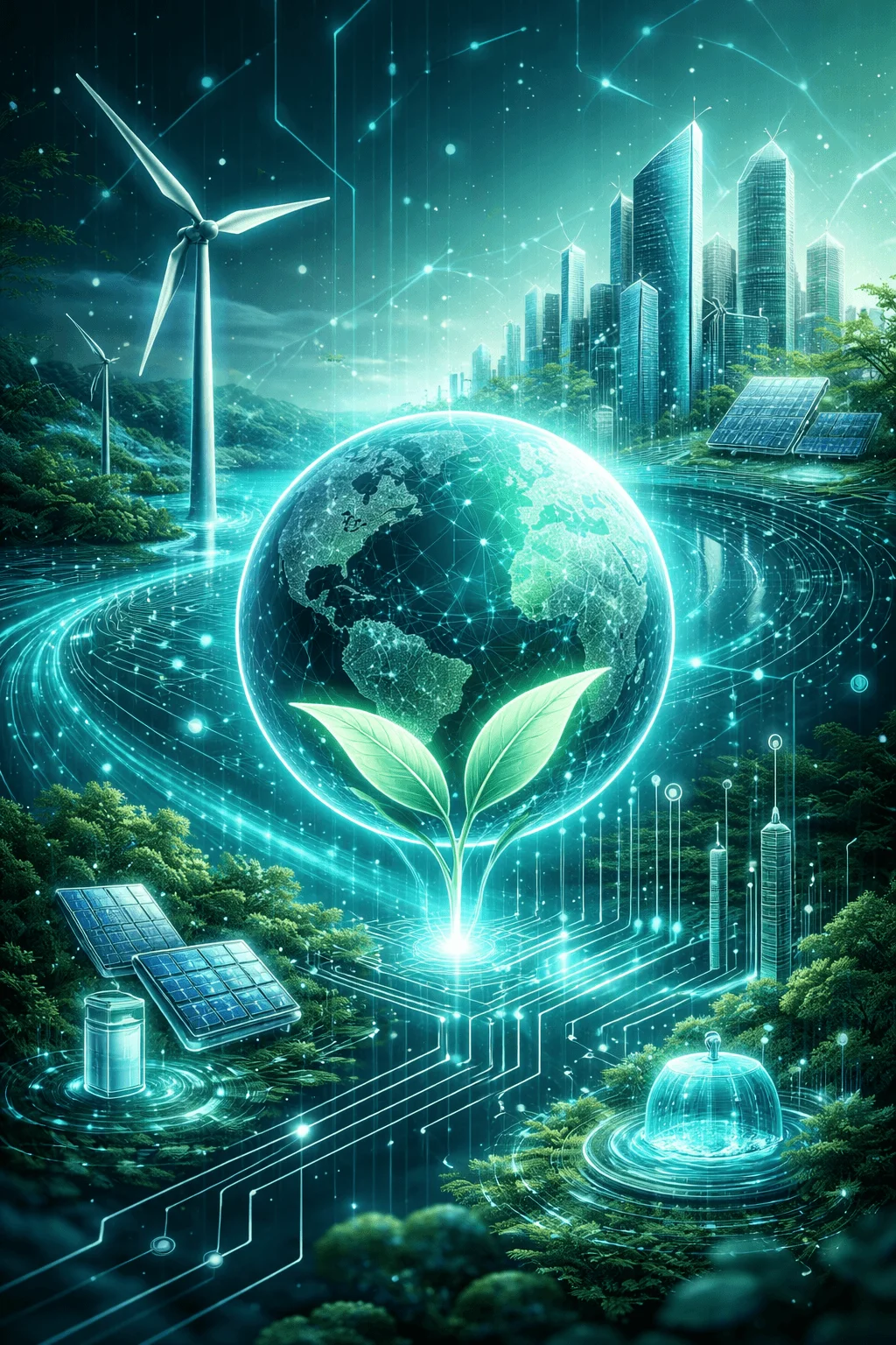 Futuristic sustainability scene with glowing earth and leaves surrounded by digital networks smart city skyline wind turbines and solar panels representing clean energy technology and eco innovation