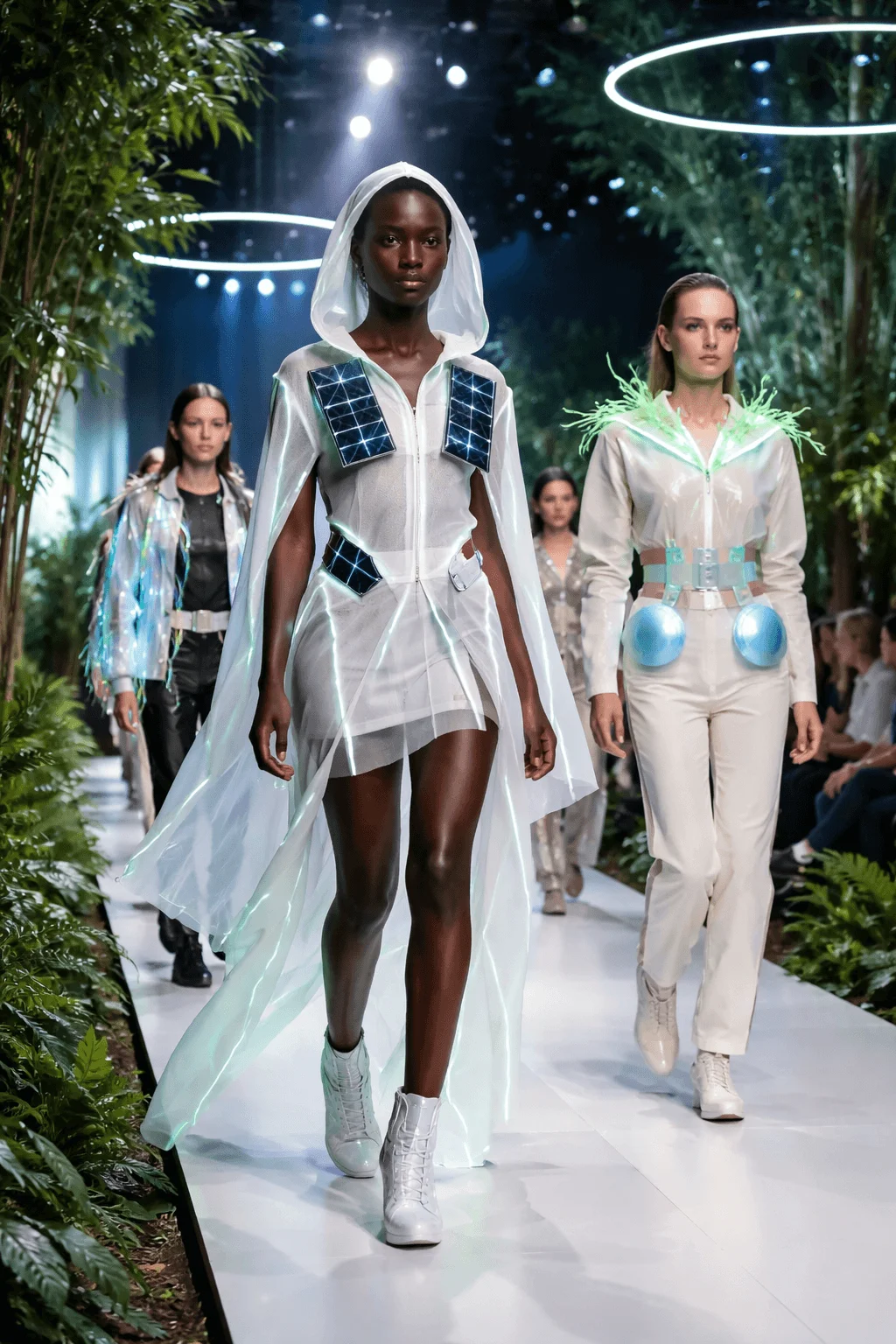 Models walk down a futuristic runway surrounded by greenery, wearing sleek, tech-integrated outfits featuring transparent fabrics, glowing elements, and solar panels, showcasing a blend of sustainability and innovative wearable technology.