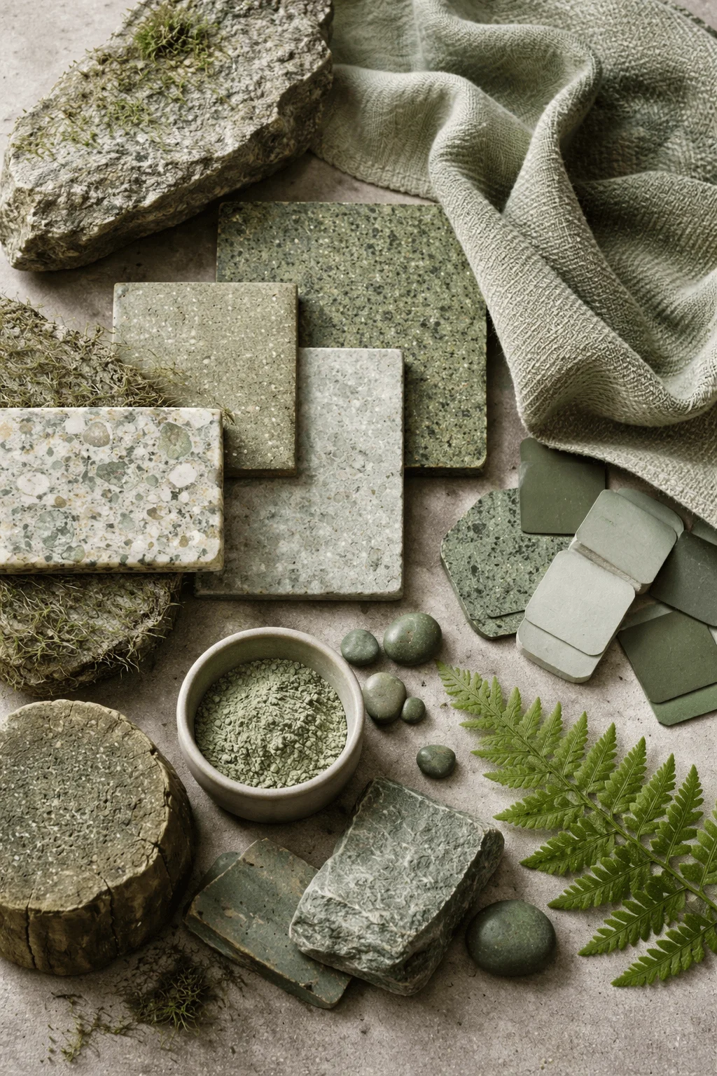 Collection of textured green materials including stone tiles powder samples fabric and natural elements like moss and fern showcasing organic surfaces and earthy color variations