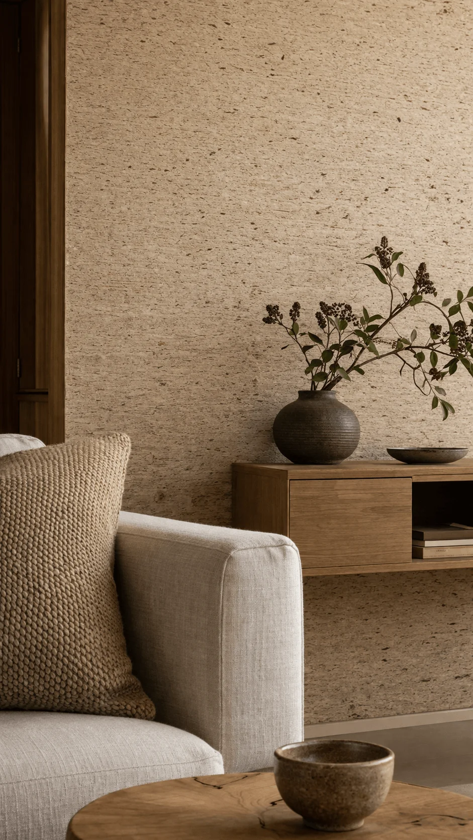 Minimal living room corner with textured eco wallpaper in natural fibers paired with a neutral sofa wooden shelf ceramic decor and soft earthy tones creating a calm organic atmosphere