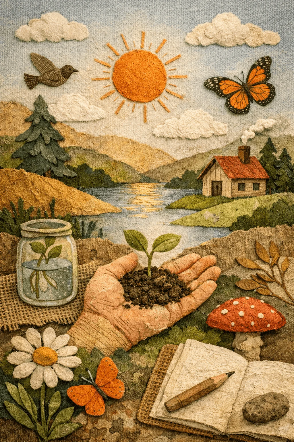 Textured handcrafted illustration of a hand holding a small plant surrounded by a peaceful landscape with a lake mountains trees a cottage sun clouds birds and butterflies along with natural elements like flowers leaves a glass jar with a plant and a notebook creating an earthy organic feel
