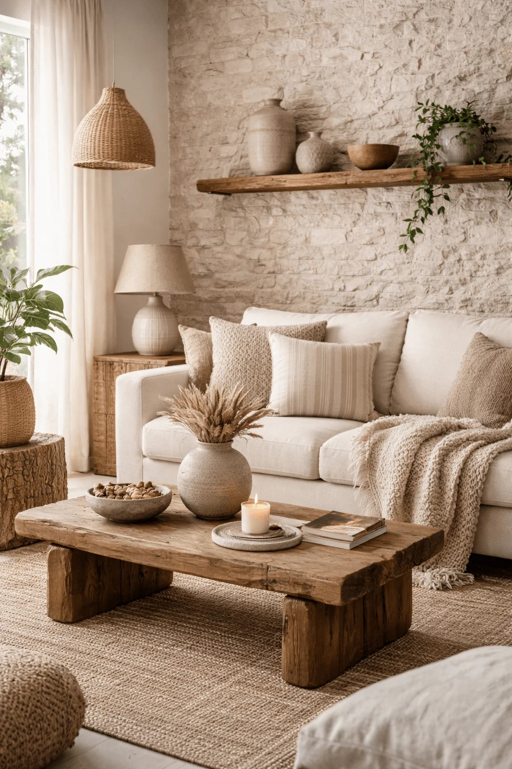 Cozy living room with textured stone wall wooden furniture neutral sofa woven decor soft textiles and warm lighting creating a layered inviting interior space