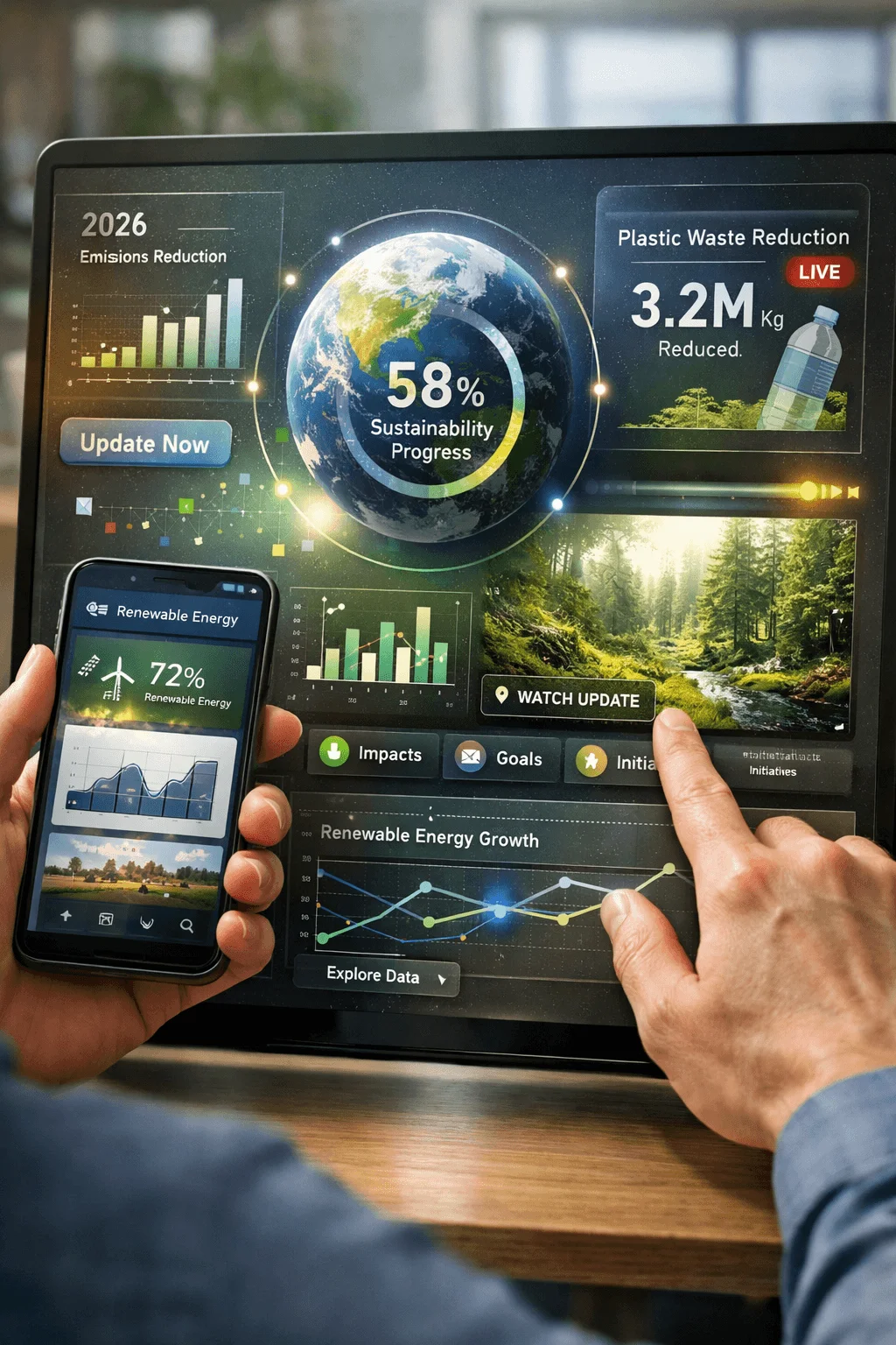 Person using a tablet and smartphone displaying an interactive sustainability dashboard with global progress indicator emissions reduction charts renewable energy statistics plastic waste reduction metrics and live data visualizations alongside a forest video panel and touch interface controls