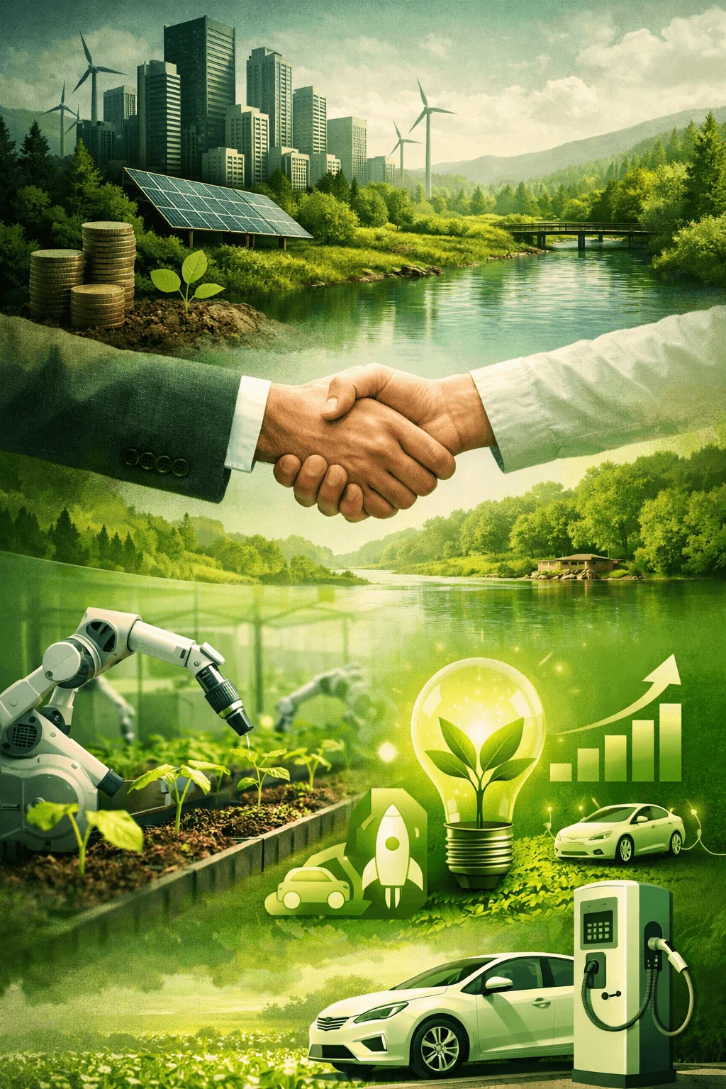 Sustainability concept showing handshake between professionals over a green city landscape with solar panels wind turbines river and forest alongside smart farming technology electric vehicles renewable energy icons and growth symbols representing eco innovation and green economy
