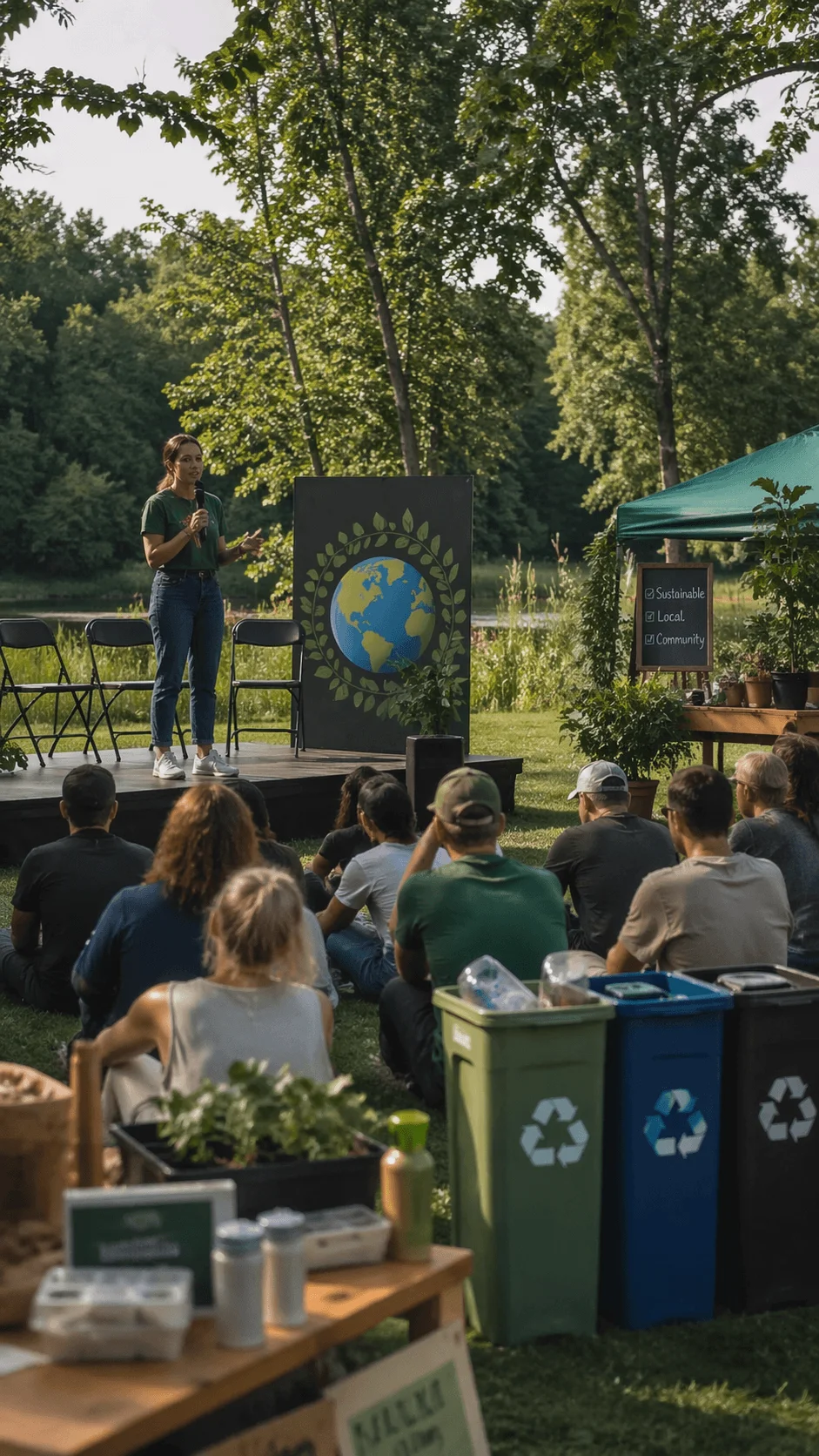 Speaker presenting at an outdoor sustainability event with audience seated on grass and recycling bins and eco friendly displays in a park setting