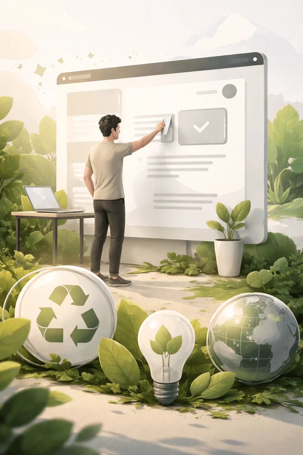 Designer interacting with large eco themed website interface in a lush green setting with recycling symbol globe and light bulb with plant representing sustainable digital design
