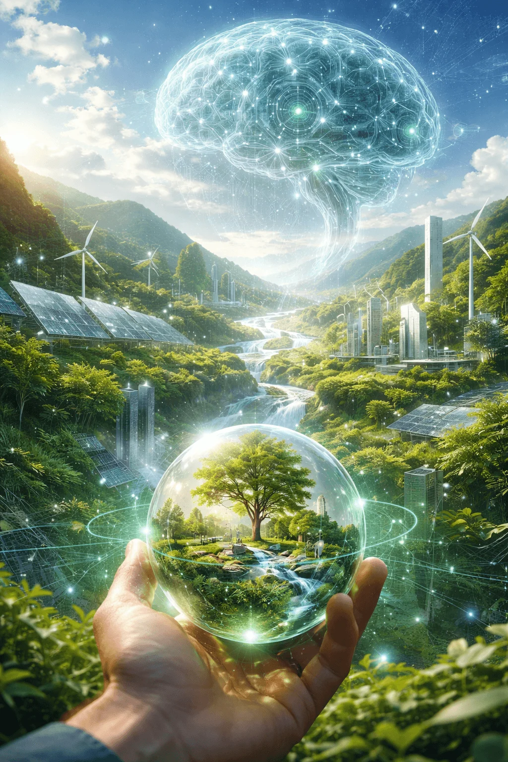 Futuristic sustainability scene with a hand holding a glowing sphere containing a thriving ecosystem surrounded by green landscapes wind turbines solar panels modern buildings and a digital brain network in the sky