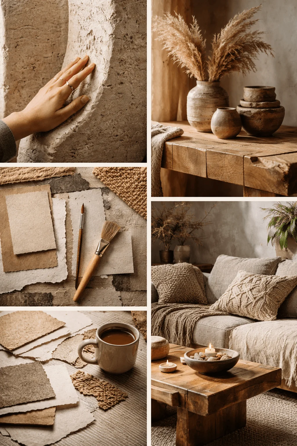 Natural textures and material sensation concept showing tactile plaster wall handmade paper samples brushes earthy ceramics wooden furniture woven textiles and a cozy neutral toned living space with soft lighting