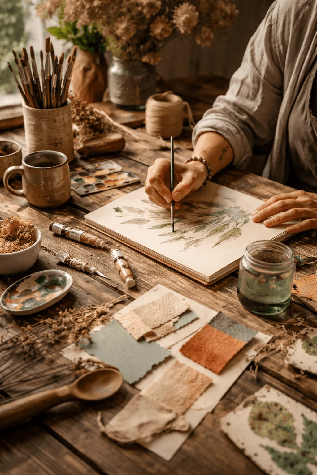 Human crafted imperfection concept showing an artist painting botanical artwork by hand surrounded by natural pigments textured paper samples brushes and organic materials on a rustic wooden workspace