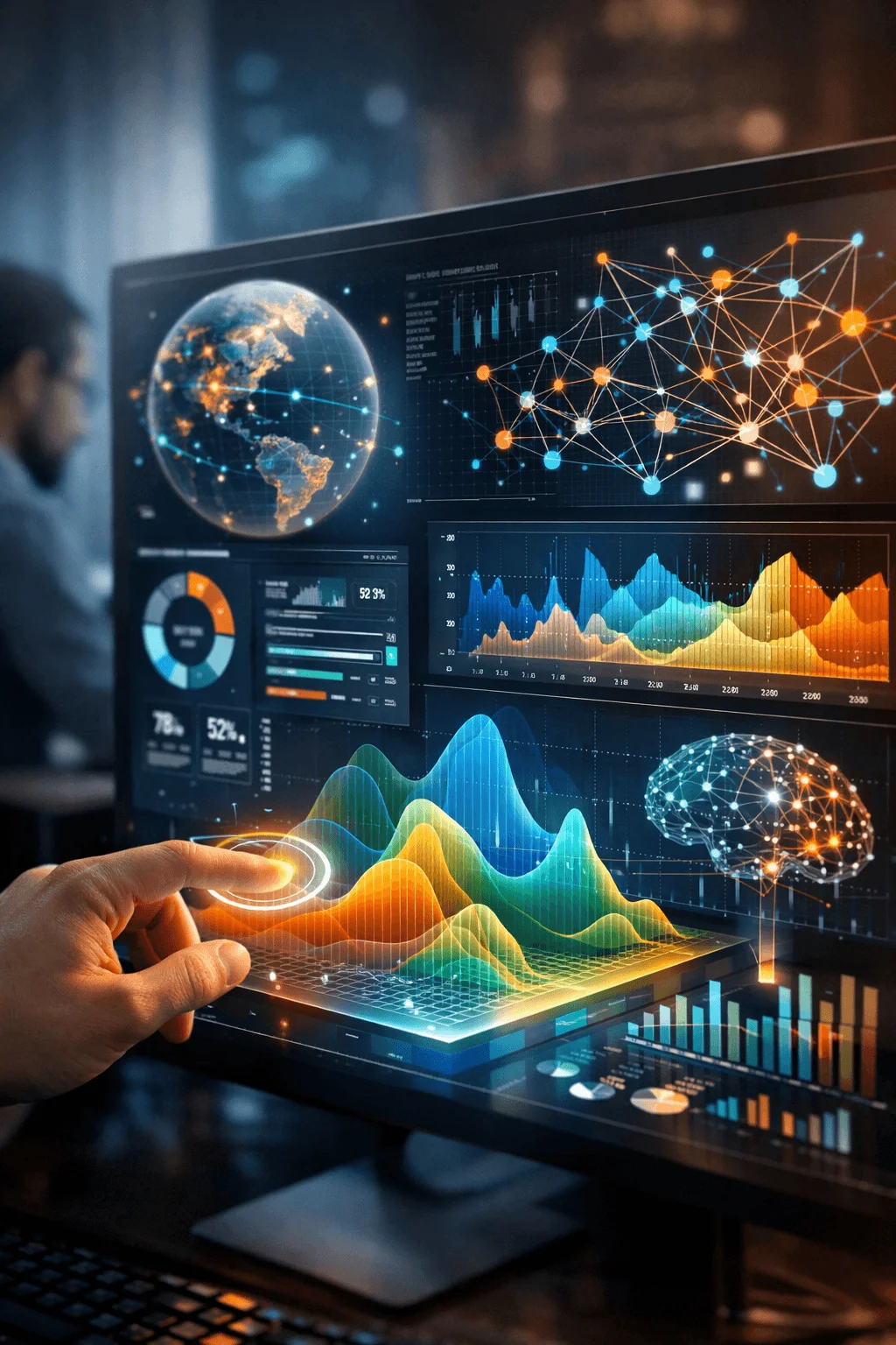advanced data visualization dashboard with interactive graphs global map network connections and AI analytics displayed on futuristic screen