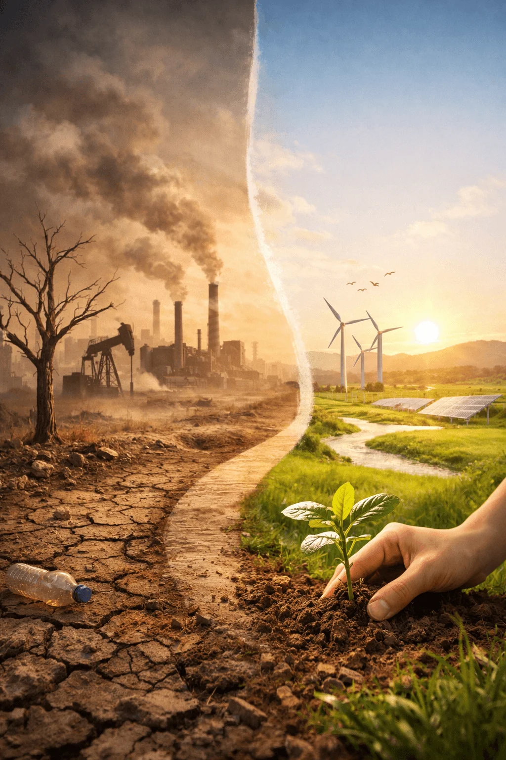 Split scene showing environmental contrast with polluted industrial landscape cracked earth smoke and oil pump on one side and clean green field with wind turbines solar panels and a hand planting a young plant on the other side
