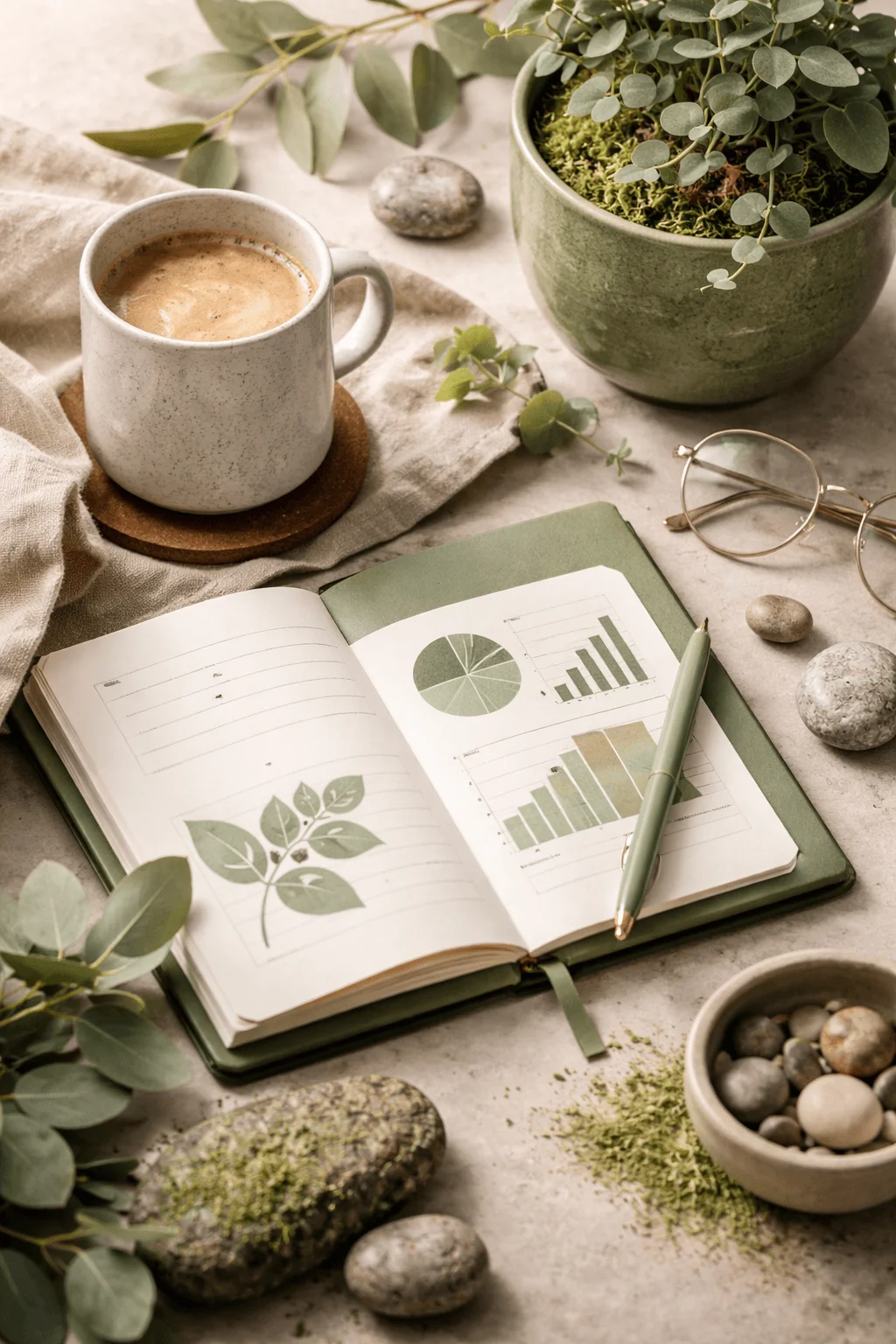 Calm workspace with green themed notebook showing charts and leaf illustration beside a cup of coffee potted plant glasses and natural elements creating a soft muted eco inspired aesthetic