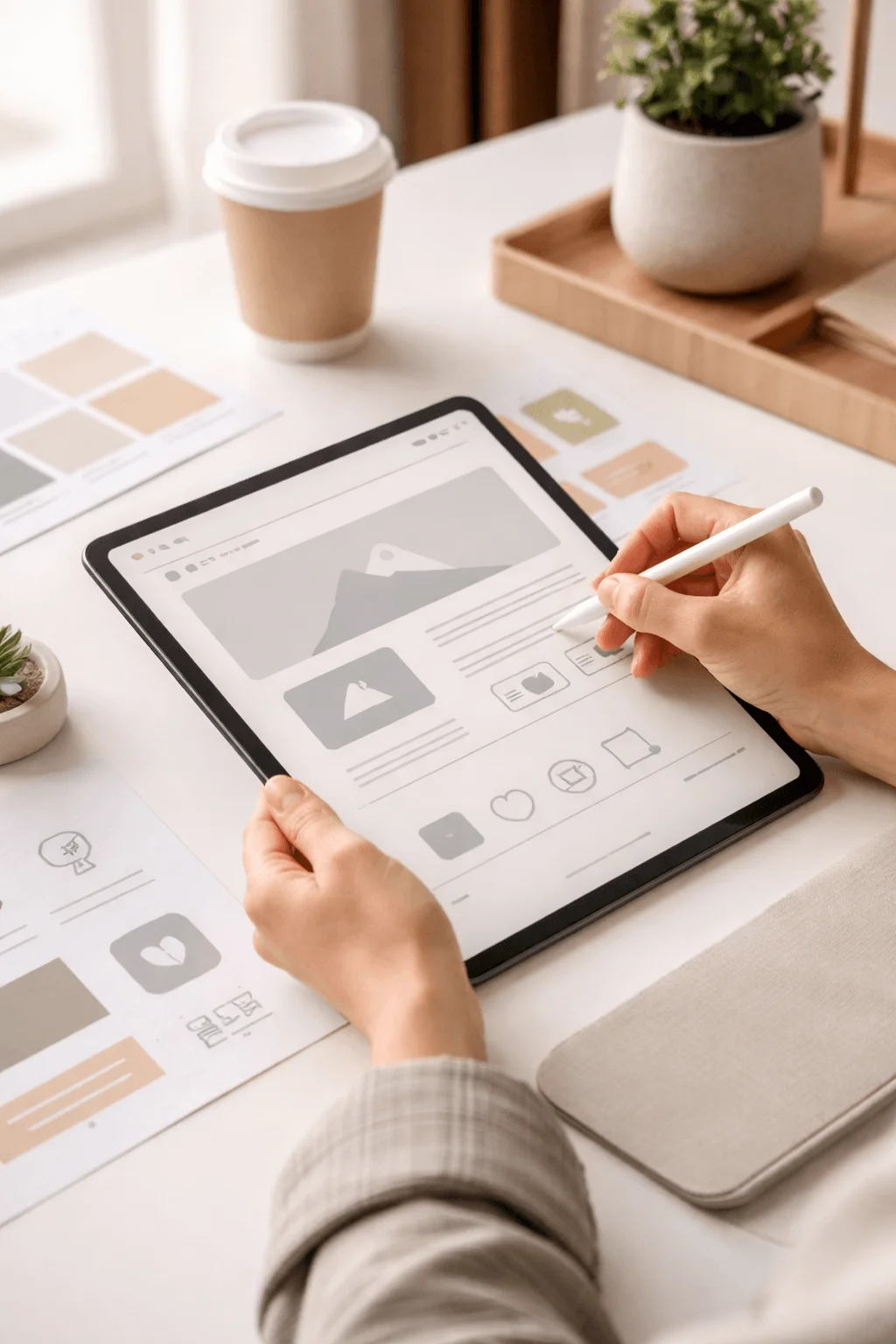 Minimal interface design sketch on tablet with stylus surrounded by neutral color palette and clean workspace representing simple user focused design approach