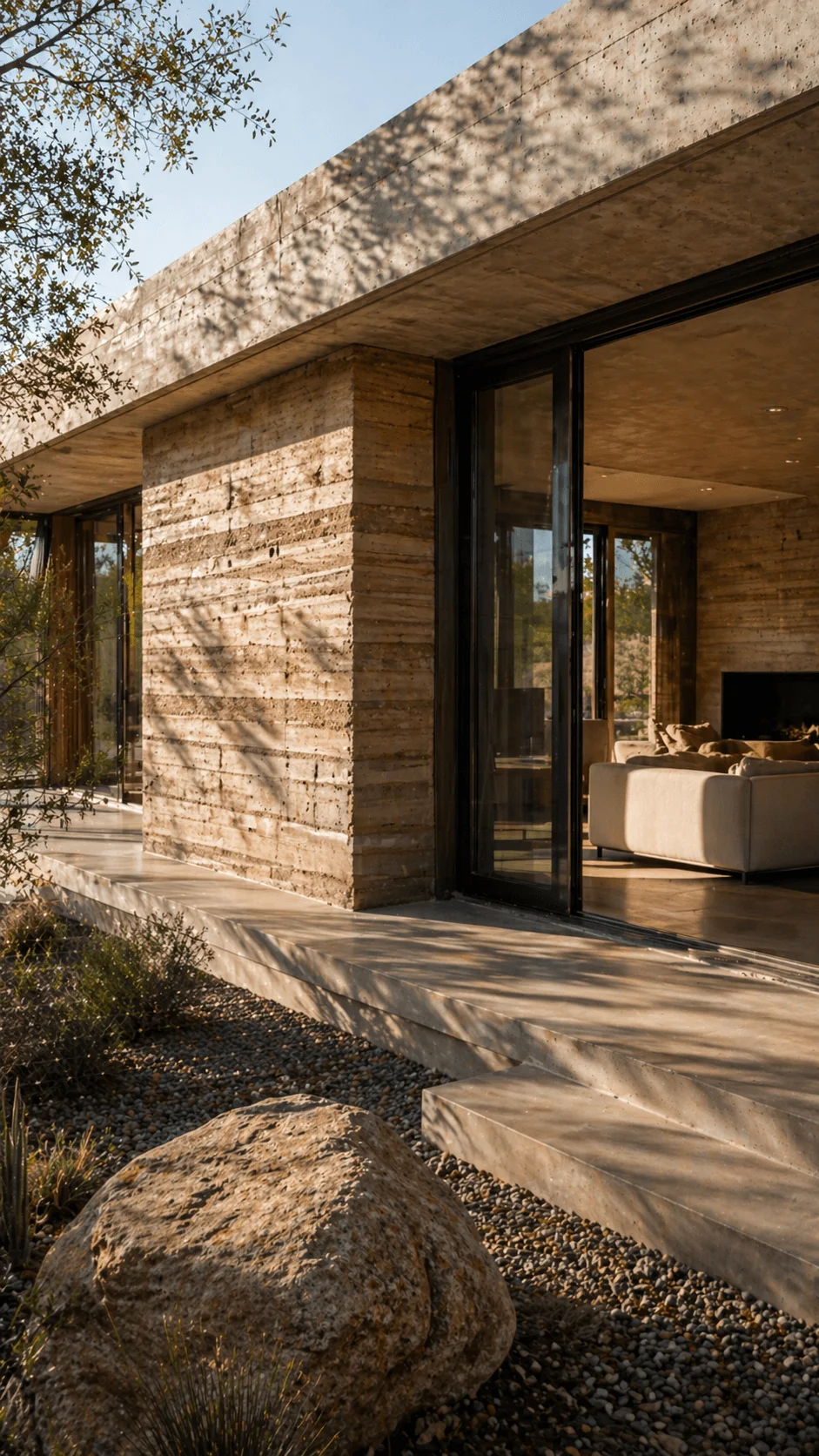 Modern sustainable home with rammed earth walls large glass doors thermal mass design and natural landscape integration with stone and native plants
