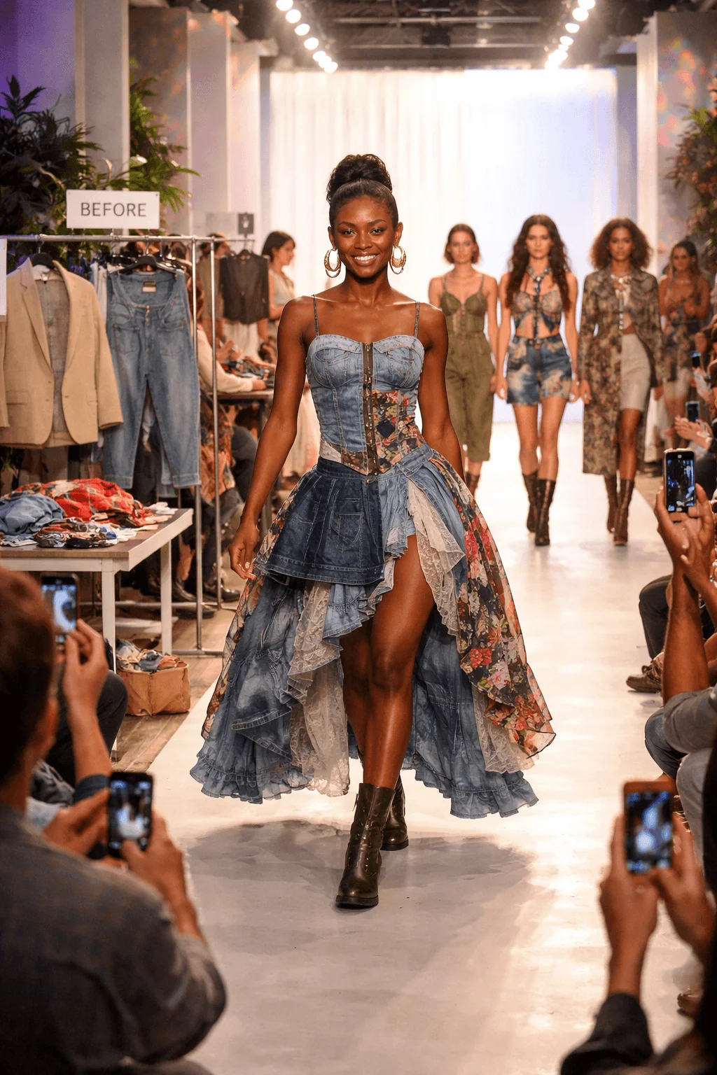 A model walks confidently down the runway wearing a stylish outfit crafted from upcycled denim and mixed fabrics, while a “before” clothing rack beside the stage highlights the transformation from old garments to a redesigned fashion piece.