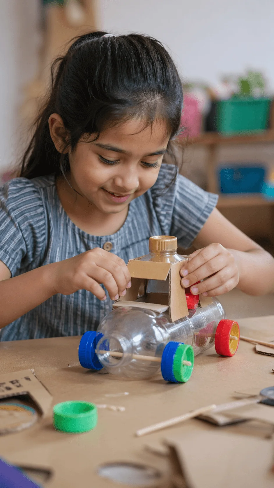 A young girl smiling while building a toy car from a recycled plastic bottle with colorful bottle cap wheels and cardboard pieces on a craft table