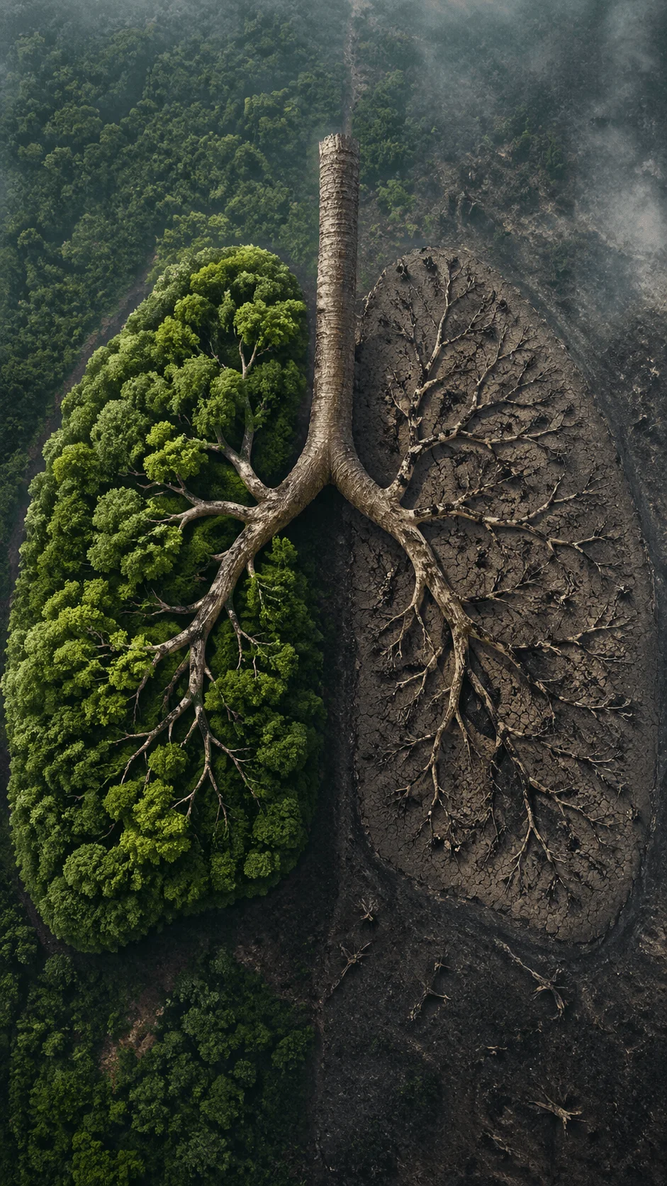 Aerial view of a forest shaped like human lungs with one side lush and green and the other side barren and dry representing environmental damage and the impact of deforestation