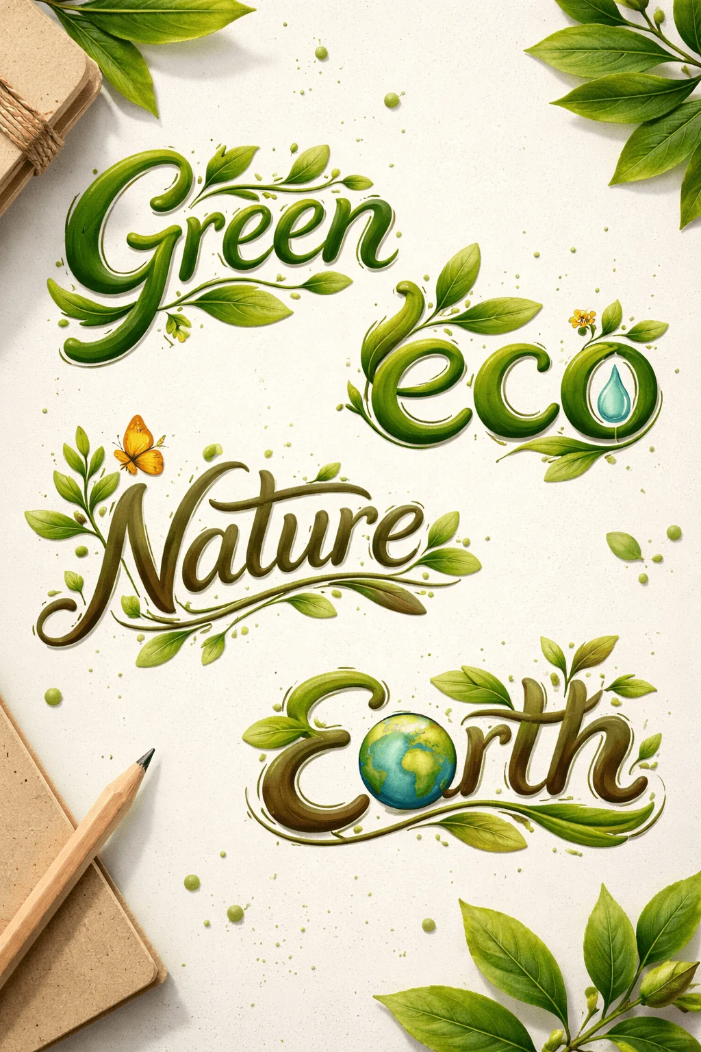 Decorative eco themed typography featuring words green eco nature and earth styled with leaves vines butterfly water droplet and globe elements on a soft textured background with scattered leaves and drawing tools