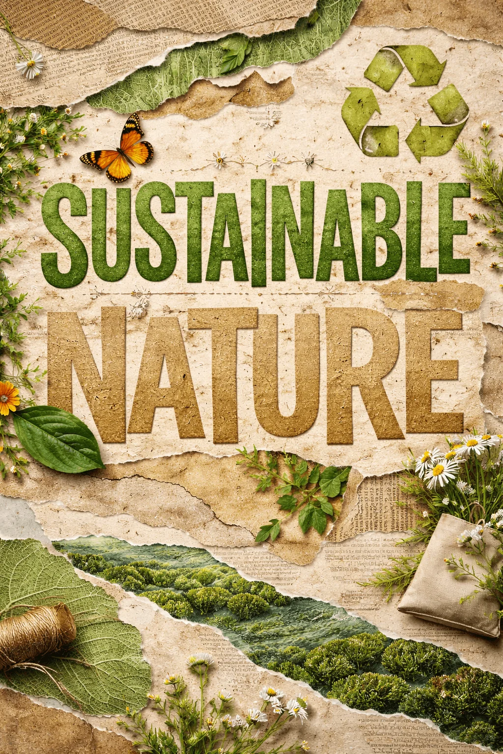 Layered paper collage background with bold text Sustainable Nature surrounded by leaves flowers butterfly recycling symbol and natural textures creating an eco themed design