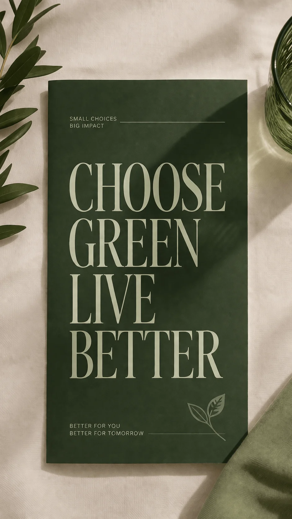Minimal green brochure cover with bold typography reading choose green live better surrounded by natural elements and soft shadows