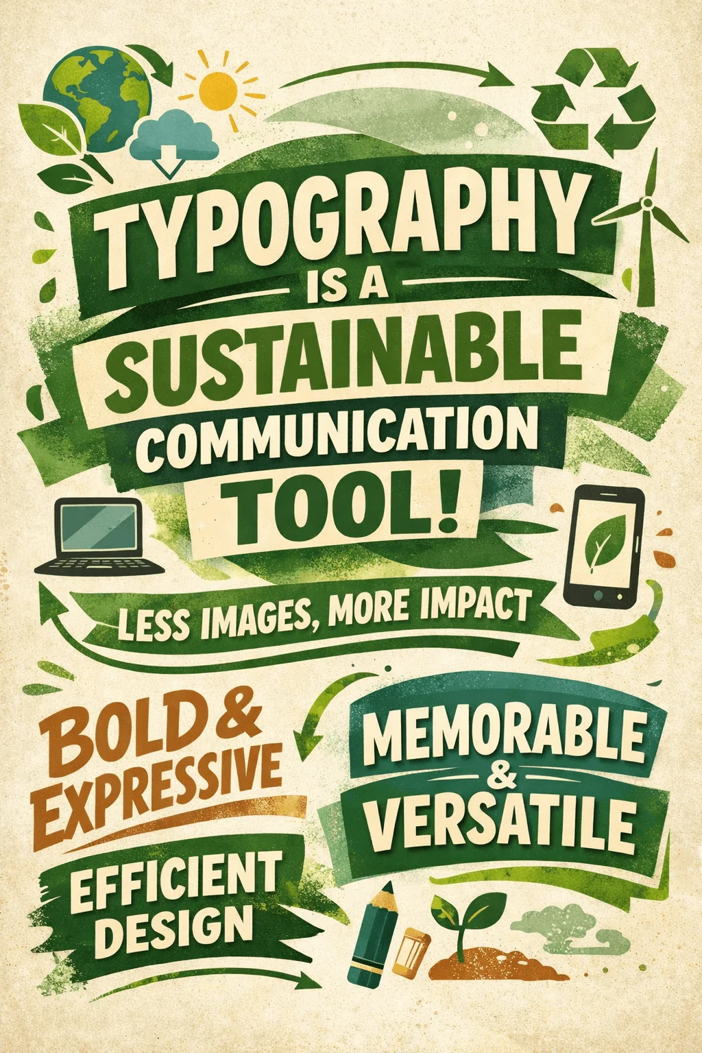 Typography focused poster with green eco themed elements showing sustainability message icons of globe recycling wind turbine and devices highlighting efficient minimal impactful communication