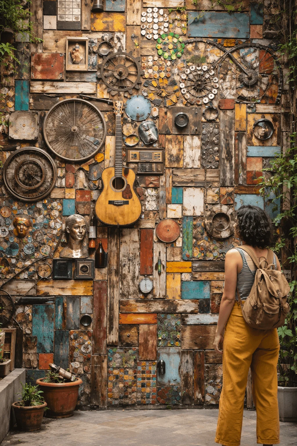 Creative upcycled art wall made from reclaimed objects wood pieces metal parts and vintage items with a person observing the textured collage in an outdoor setting
