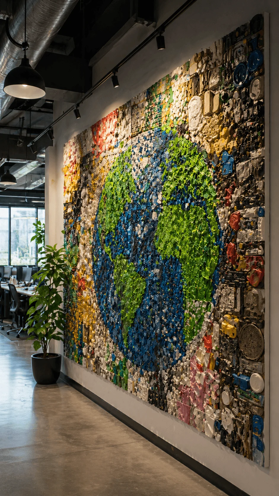 Modern office interior featuring large wall art made from upcycled materials forming a colorful world map with recycled objects indoor plant and creative eco friendly design