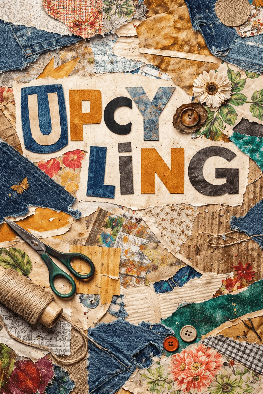 Creative collage poster spelling upcycling with cut out letters surrounded by fabric scraps denim pieces paper textures scissors thread buttons and floral elements conveying reuse and handmade craft aesthetics