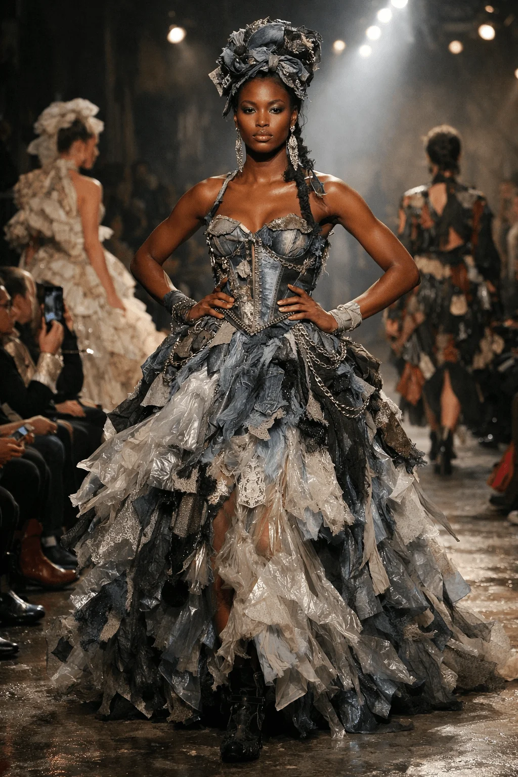 A model walks down a runway wearing an elaborate gown made from upcycled fabrics and materials with layered textures and dramatic styling under spotlight lighting