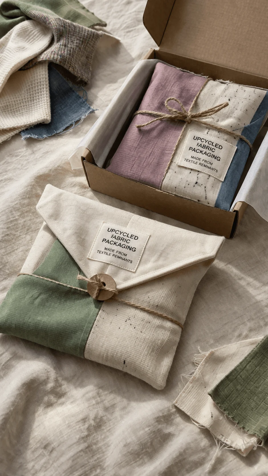 Upcycled fabric packaging wraps made from textile remnants tied with twine in soft neutral tones displayed in a box and on linen surface