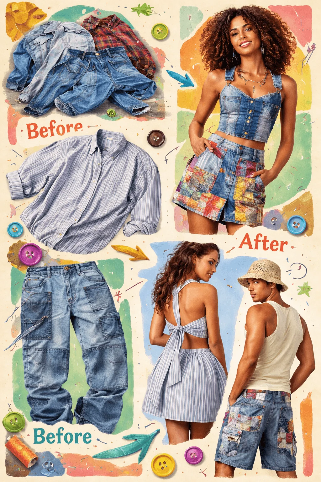 Before and after collage showing old shirts and denim jeans transformed into stylish patchwork outfits including a corset top skirt dress and redesigned shorts highlighting upcycled fashion creativity