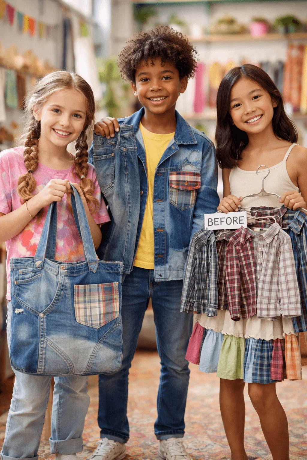 Kids showcasing upcycled clothing with a denim bag and redesigned garments made from old clothes in a creative workshop setting