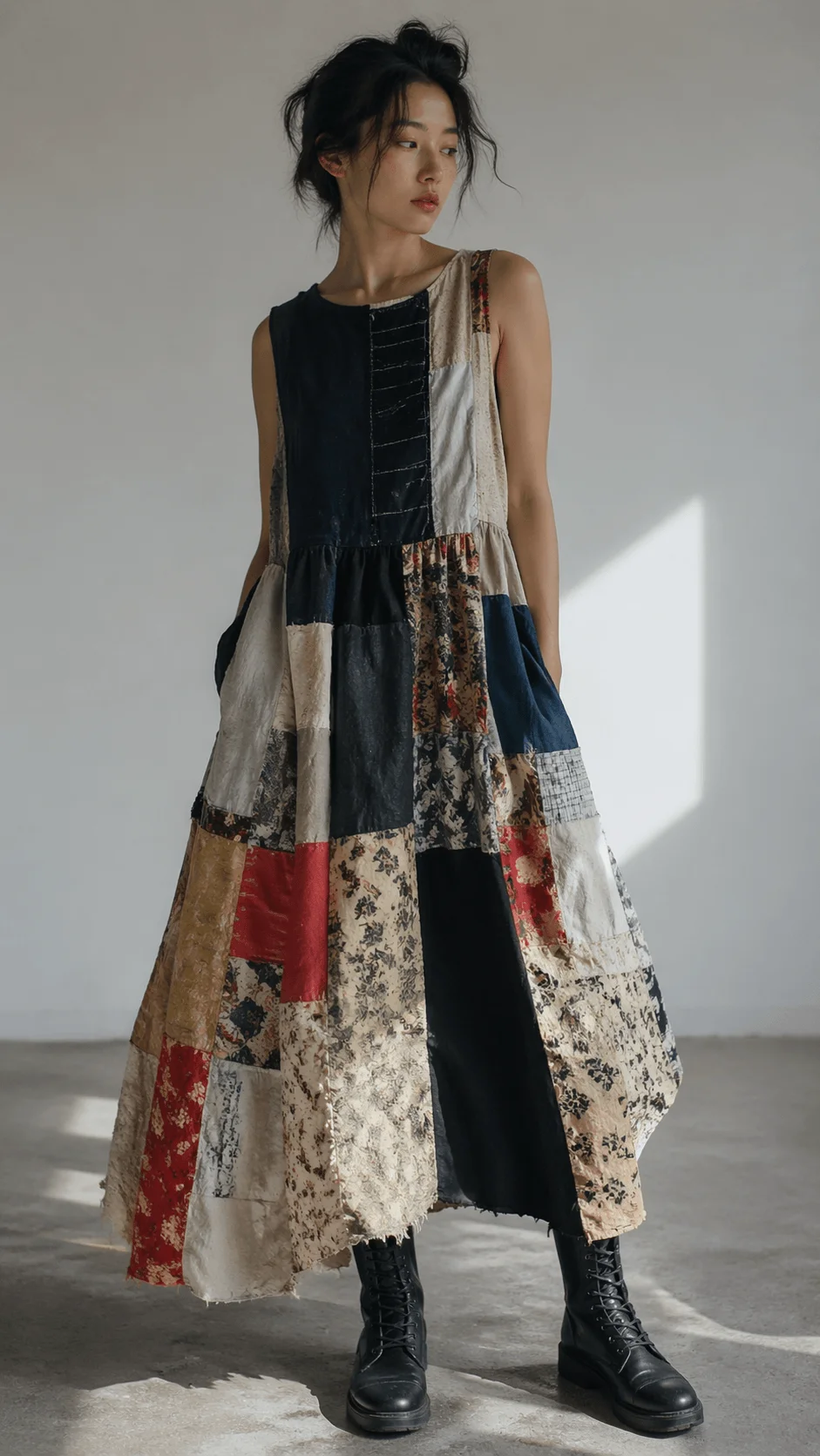 Woman wearing a patchwork dress made from mixed fabric pieces paired with black boots in a minimalist studio showcasing upcycled fashion design
