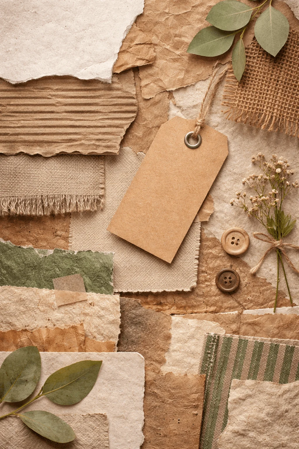 Flat lay of upcycled materials including torn paper cardboard fabric swatches leaves and a blank kraft tag arranged in an earthy textured composition