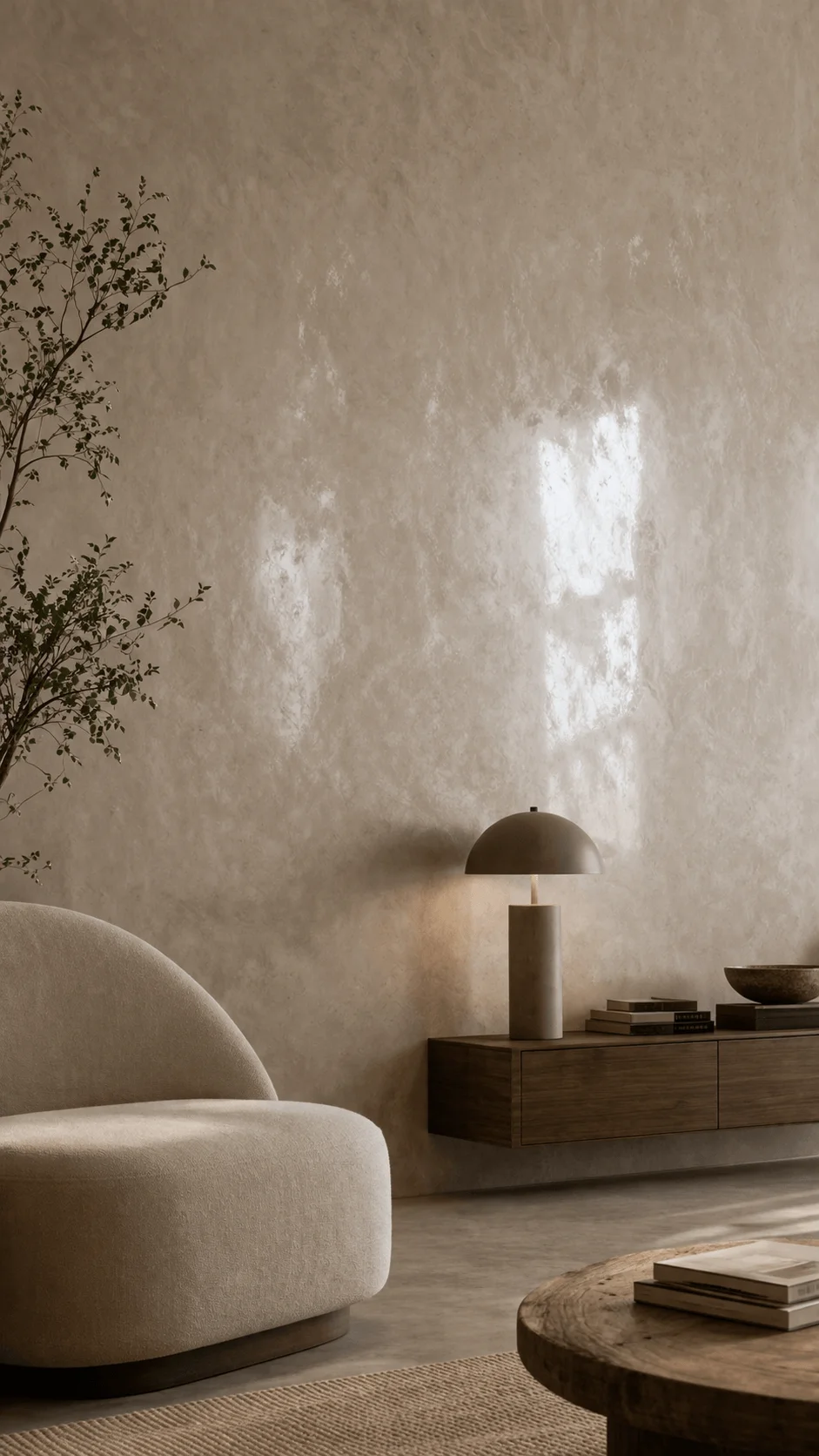 Elegant minimalist living room with a smooth Venetian plaster wall soft natural light curved chair wooden console table and subtle decor creating a refined timeless atmosphere