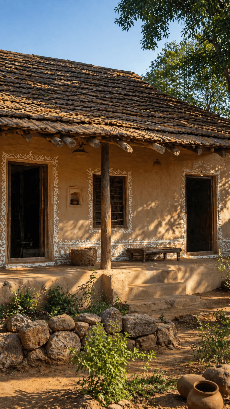 Traditional vernacular house made of mud and natural materials with tiled roof wooden porch and decorative wall patterns surrounded by rural landscape