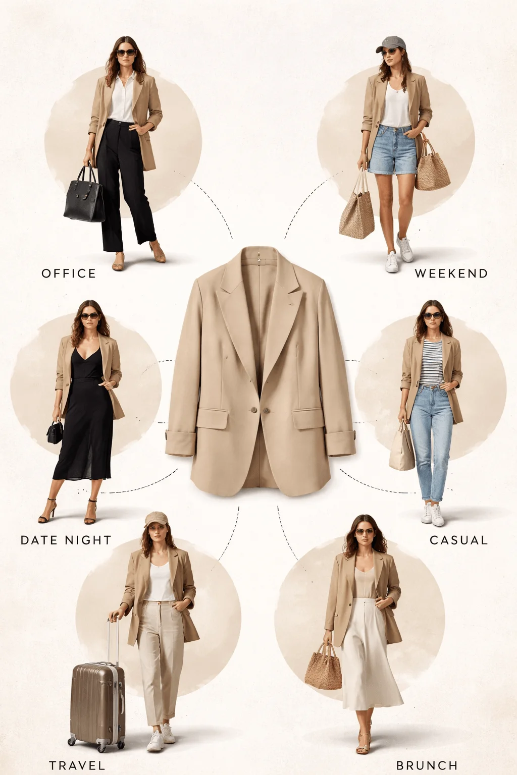 Versatility focused fashion poster showing a neutral blazer styled in multiple outfits for different occasions including office weekend date night casual travel and brunch arranged around a central garment
