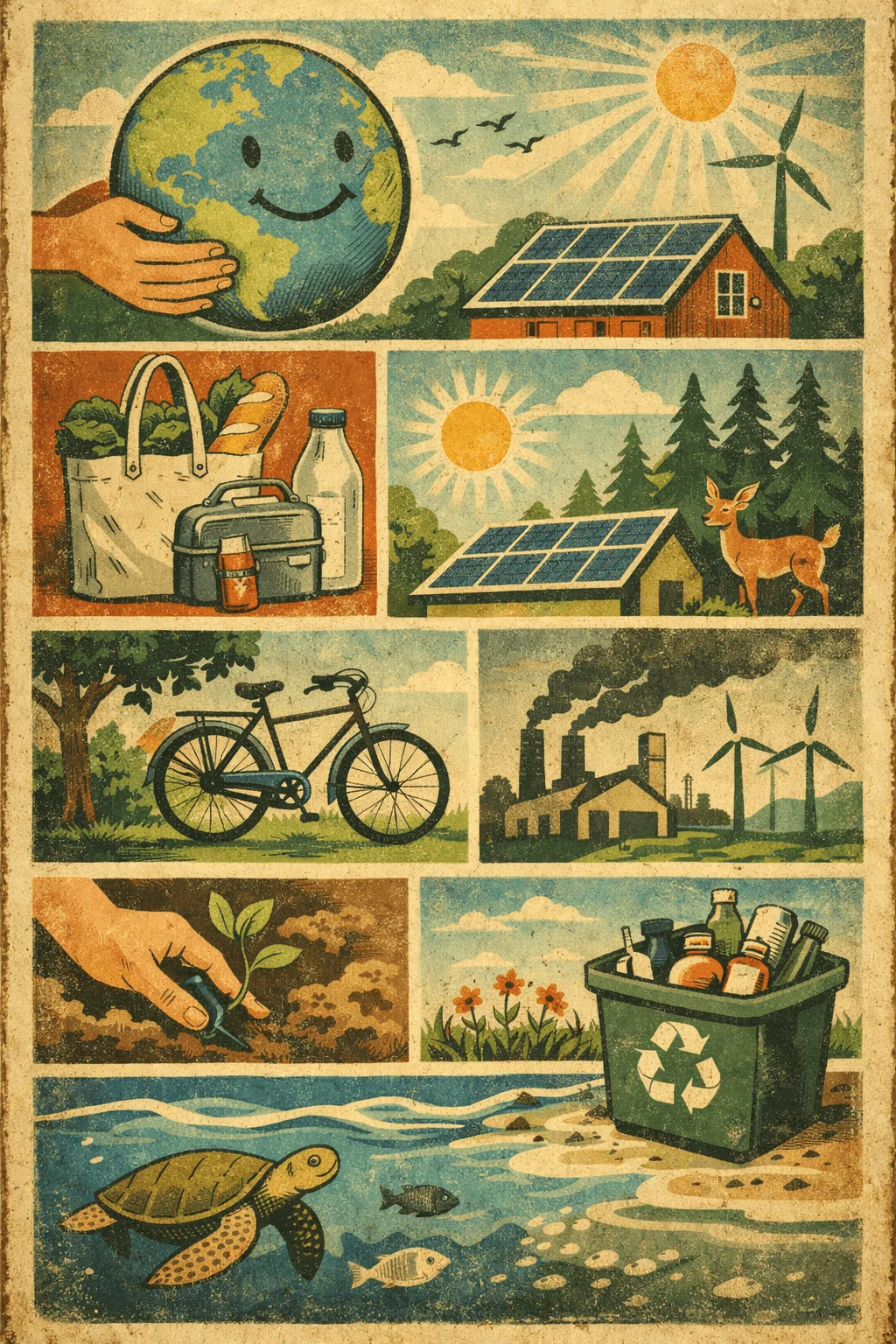 Vintage style sustainability poster composed of illustrated panels showing eco friendly actions including solar energy wind turbines reusable bags cycling planting trees recycling and protecting wildlife with a nostalgic textured design