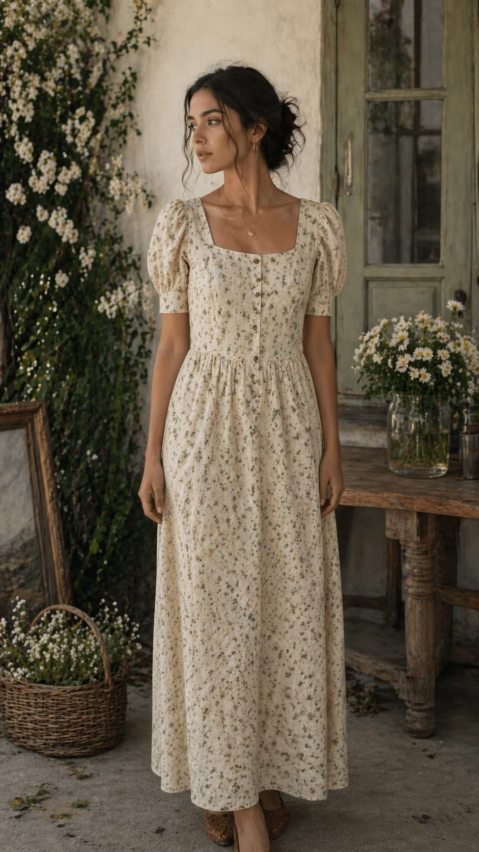 Woman wearing a vintage inspired floral dress standing in a rustic setting with plants and wooden furniture highlighting timeless sustainable fashion design