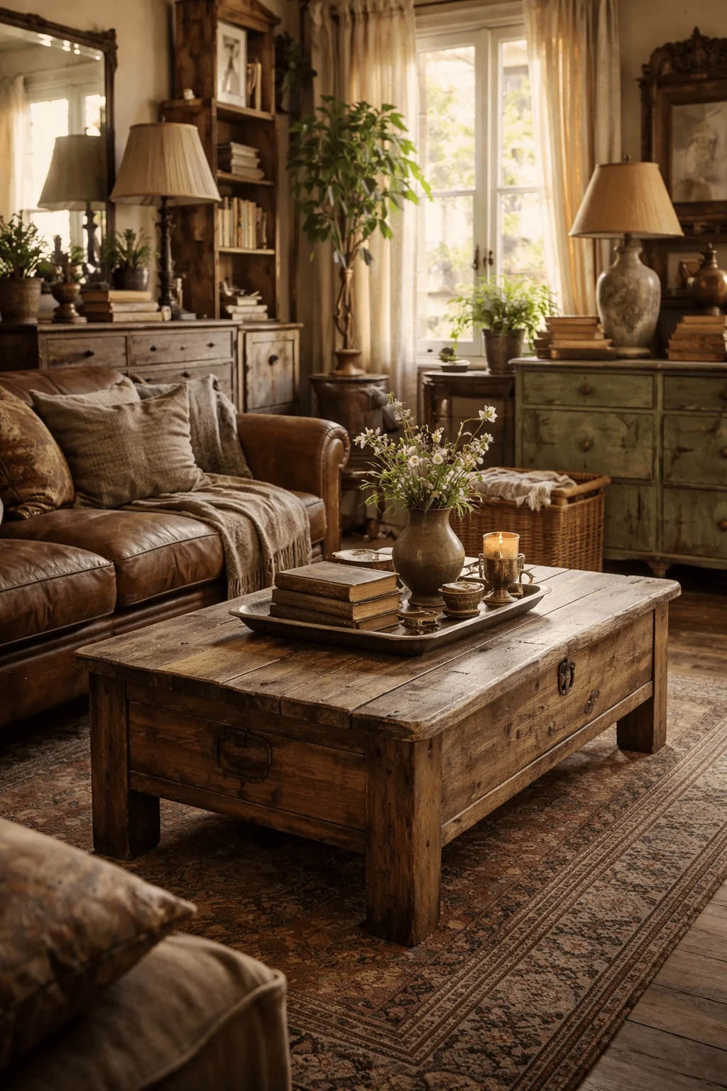 Rustic living room with vintage wooden furniture leather sofa antique decor bookshelves soft lighting and a reclaimed wood coffee table creating a warm nostalgic atmosphere