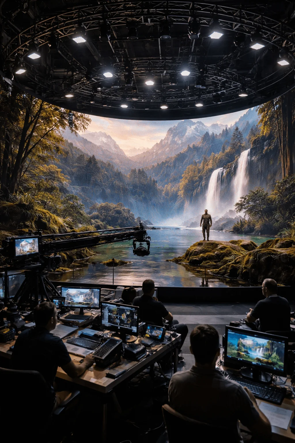 Behind the scenes view of a virtual stage production with crew operating cameras and monitors while a presenter stands on a set surrounded by a large curved LED screen displaying a realistic mountain and waterfall landscape