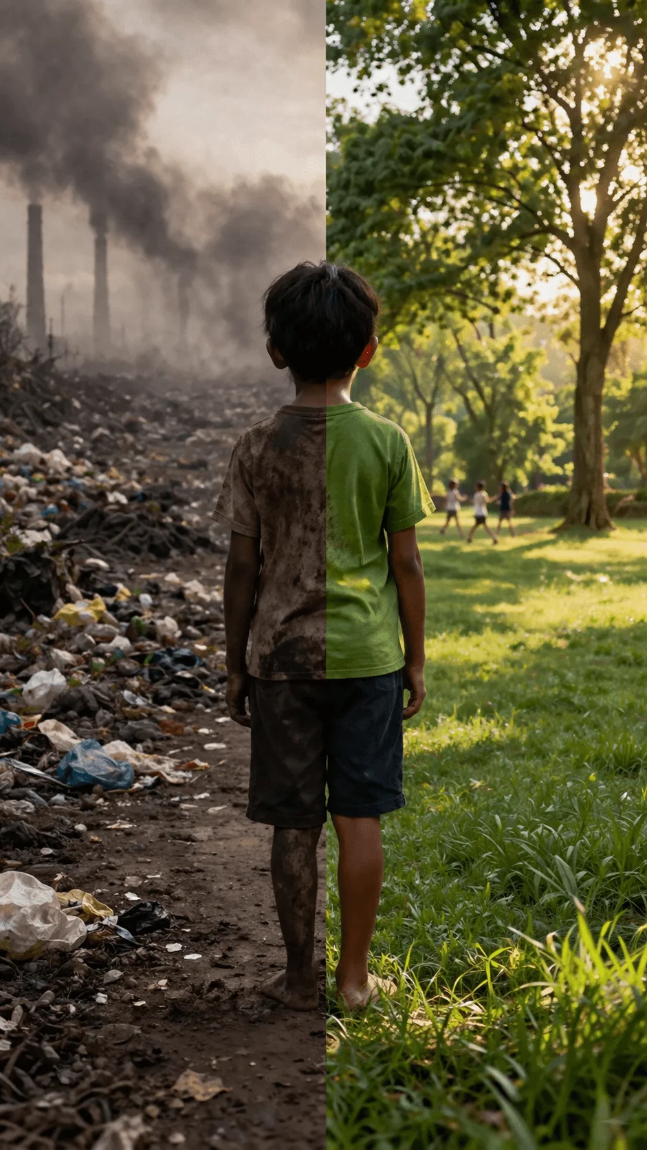 Split image of a child standing between a polluted trash filled landscape with factory smoke on one side and a clean green park with trees and sunlight on the other side highlighting environmental contrast