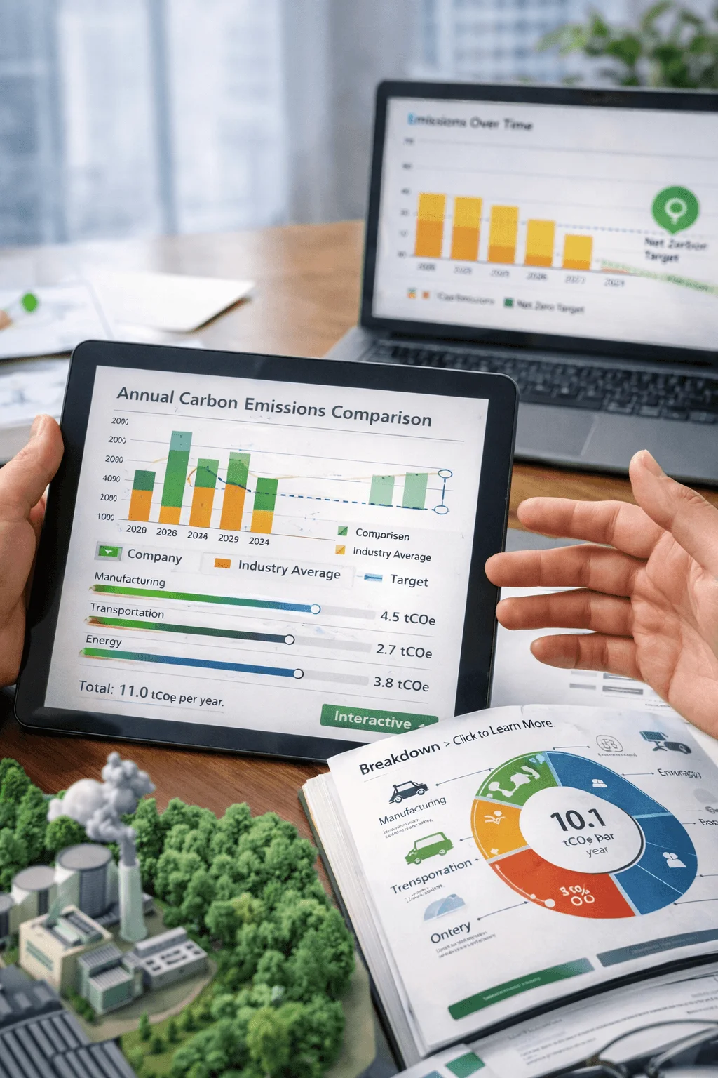 carbon emissions comparison dashboard showing company versus industry data with charts interactive tablet display and detailed breakdown report on desk