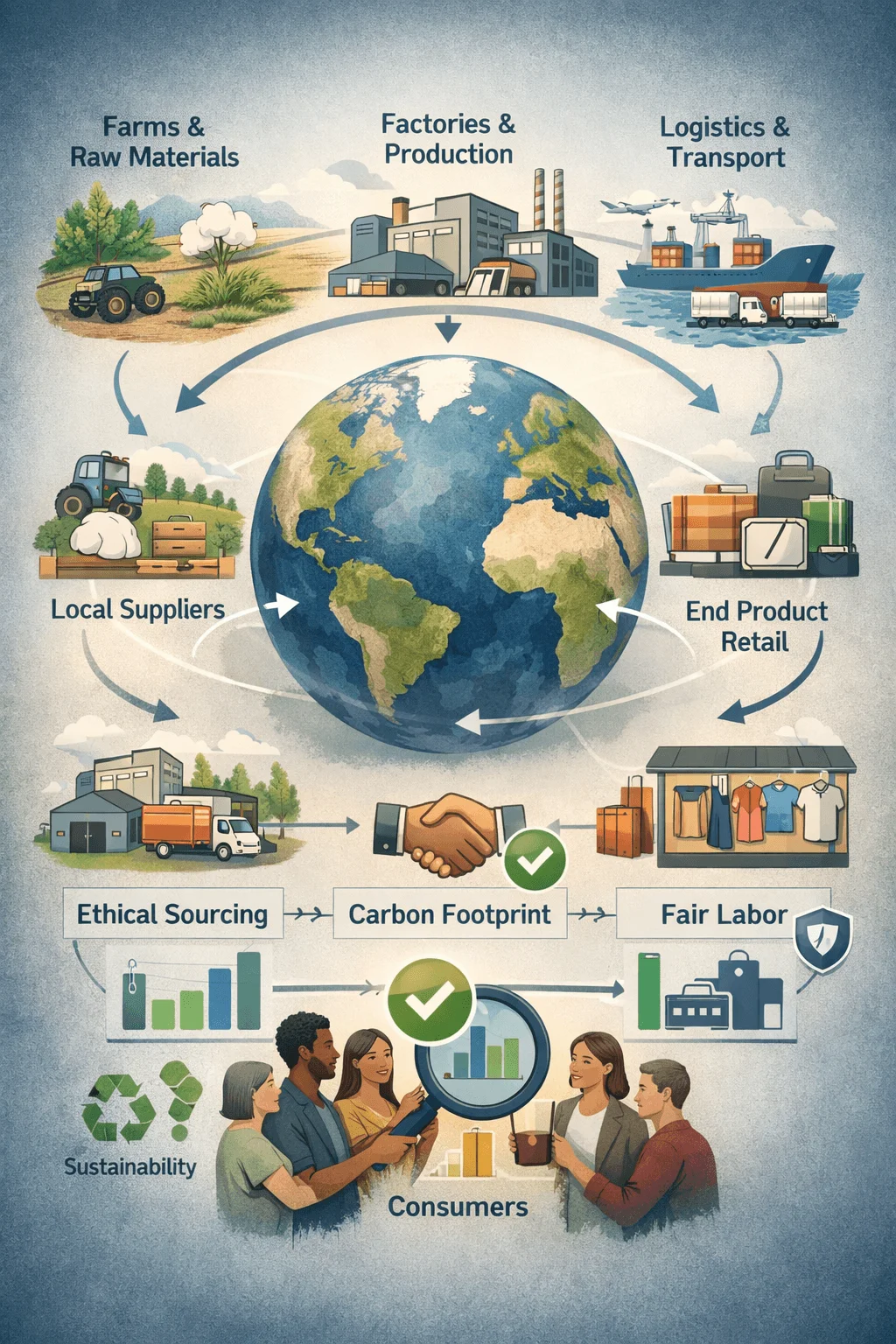 Illustration of a global supply chain cycle showing farms and raw materials factories and production logistics and transport local suppliers and end product retail connected around a globe with elements highlighting ethical sourcing carbon footprint fair labor sustainability and consumers