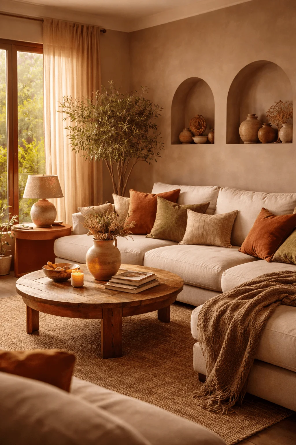 Cozy living room with warm earth tone palette soft beige sofa wooden coffee table textured walls natural decor and soft lighting creating a comforting and inviting atmosphere