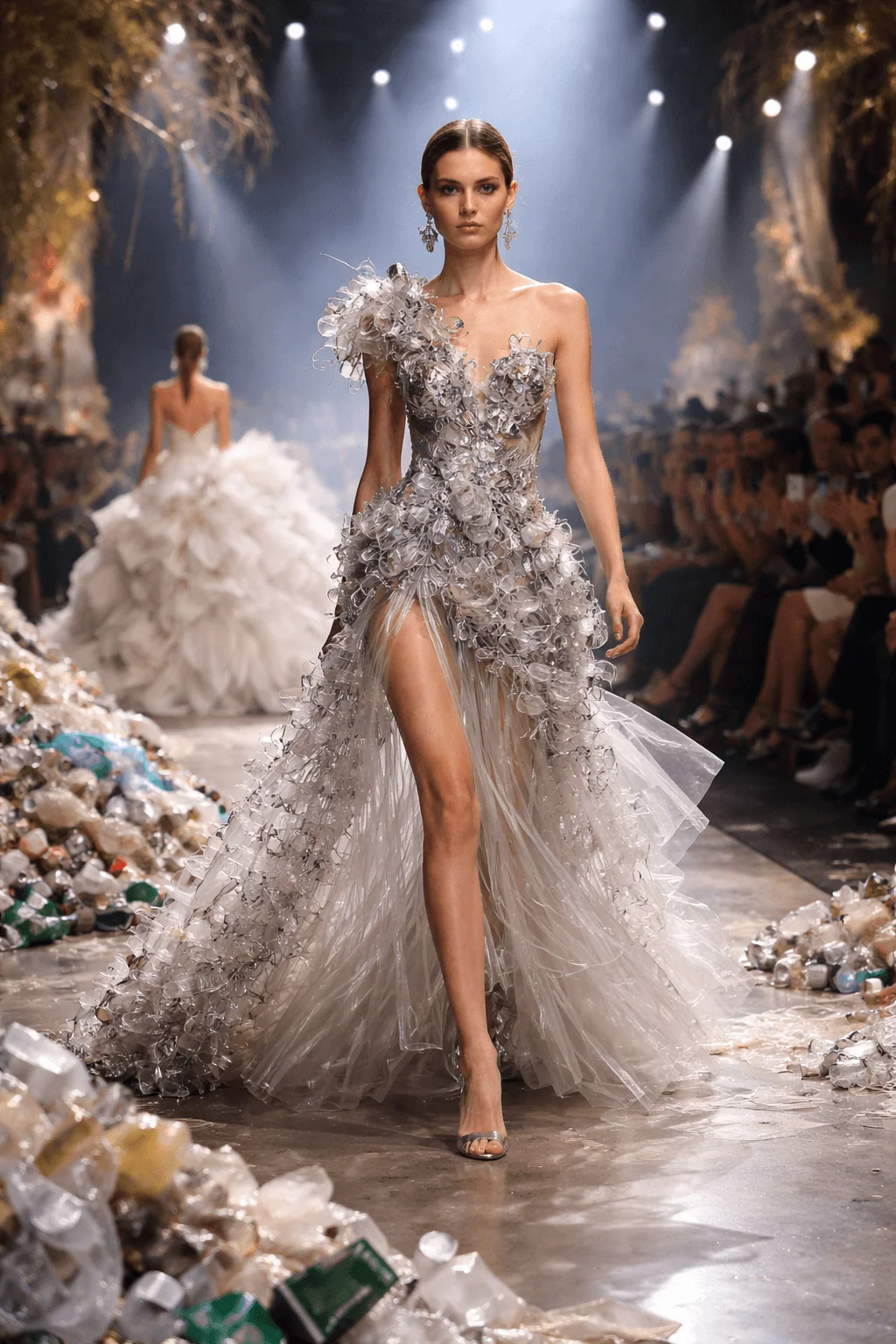 Model walking down runway in an elegant gown crafted from recycled plastic materials with textured layers and translucent elements while piles of waste line the sides of the catwalk creating a contrast between sustainability and high fashion