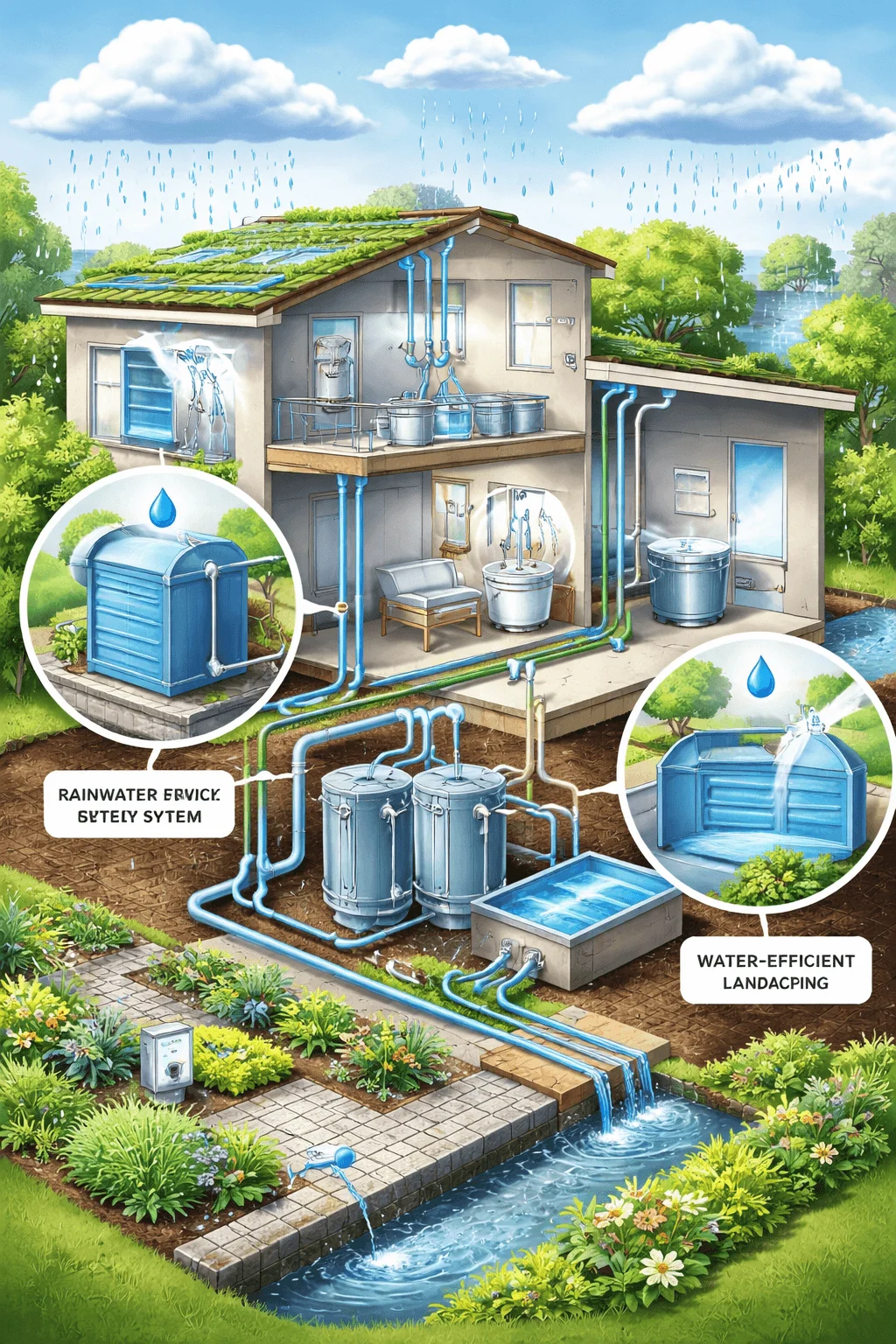water efficiency system illustration showing house with rainwater harvesting filtration storage tanks greywater reuse and water efficient landscaping with irrigation system